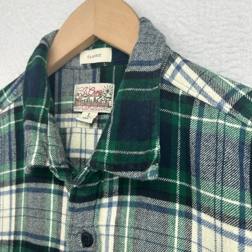 J.CREW Shirt Mens L Midweight Flannel Tartan Plaid Double Brushed Cotton Green